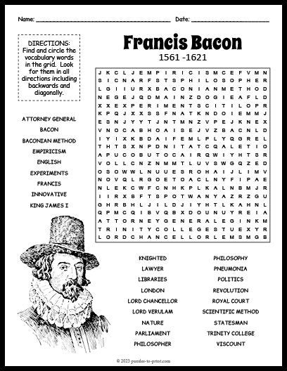 SIR FRANCIS BACON Biography Word Search Puzzle Worksheet Activity