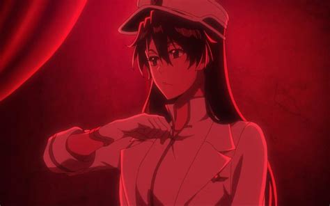 an anime character with long hair and a hat on her head standing in front of a red background