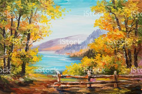 Oil painting landscape - colorful autumn forest, mountain lake ...