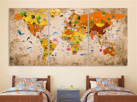 Kids World Map Canvas Animal World Map Decor Nursery World Map - Etsy
