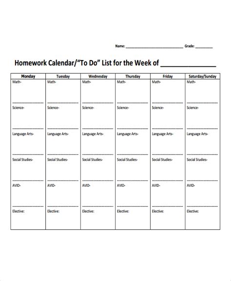 Homework Calendar Template