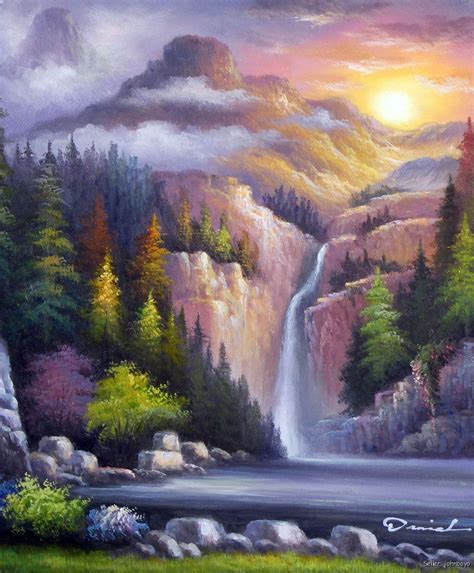 Mountain Waterfall Forest Sunset Clouds Pine Tree Oil On Canvas ...