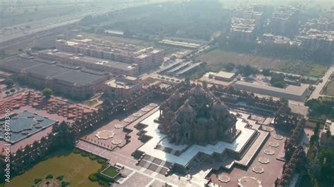 Aerial shot of Akshardham Temple in New Delhi, India. Drone view of a ...