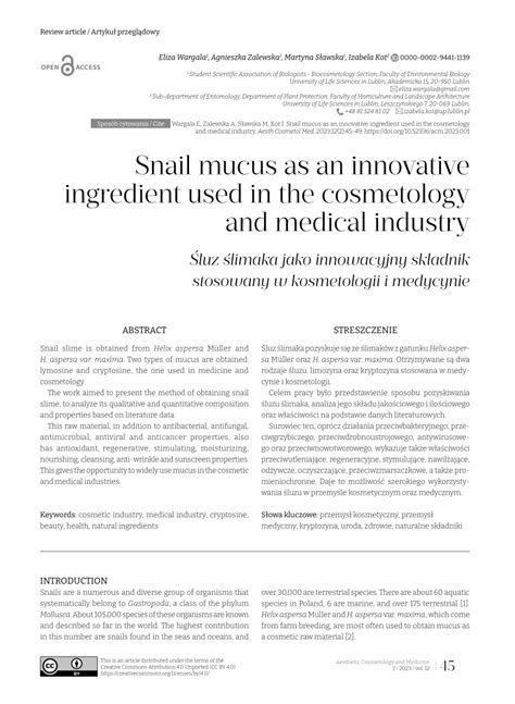 (PDF) Snail mucus as an innovative ingredient used in the cosmetology and medical industry