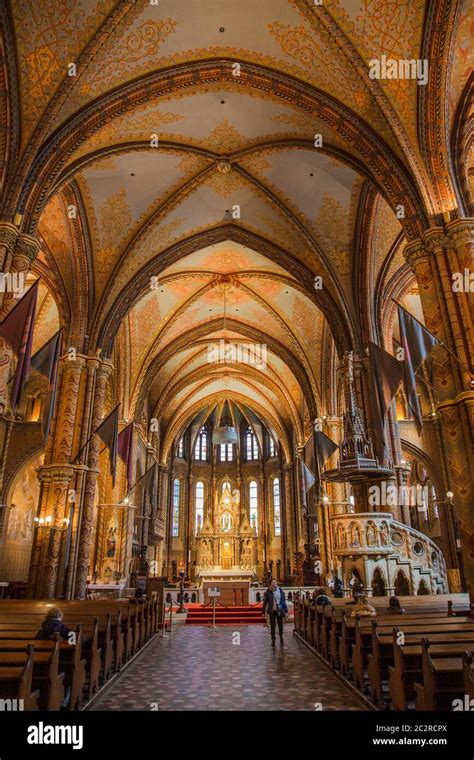 Budapest, Hungary, March 22 2018: The interior of the Church of the Assumption of the Buda ...