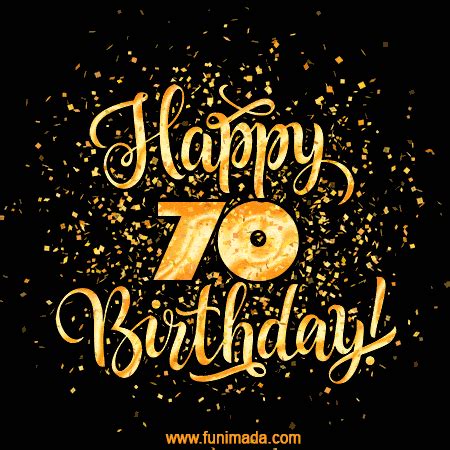 Gold Confetti Animation (loop, gif) - Happy 70th Birthday Lettering Card | Funimada.com