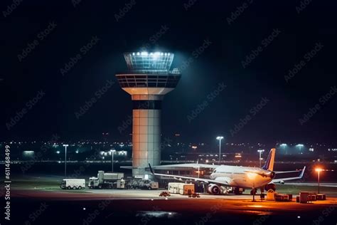 Airport control tower at night. Generative AI Stock Photo | Adobe Stock