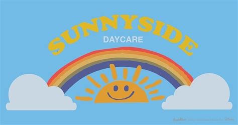 sunnyside day care logo on a blue background with clouds and a sun in the sky