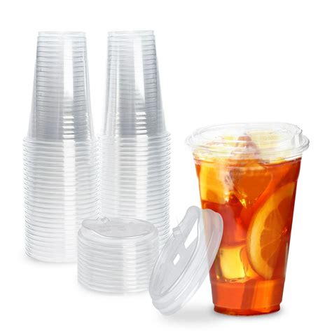 [50 Pack] Disposable Strawless Plastic Cups with Lids - 20 Oz Clear Plastic Cups and Sippy Cups ...