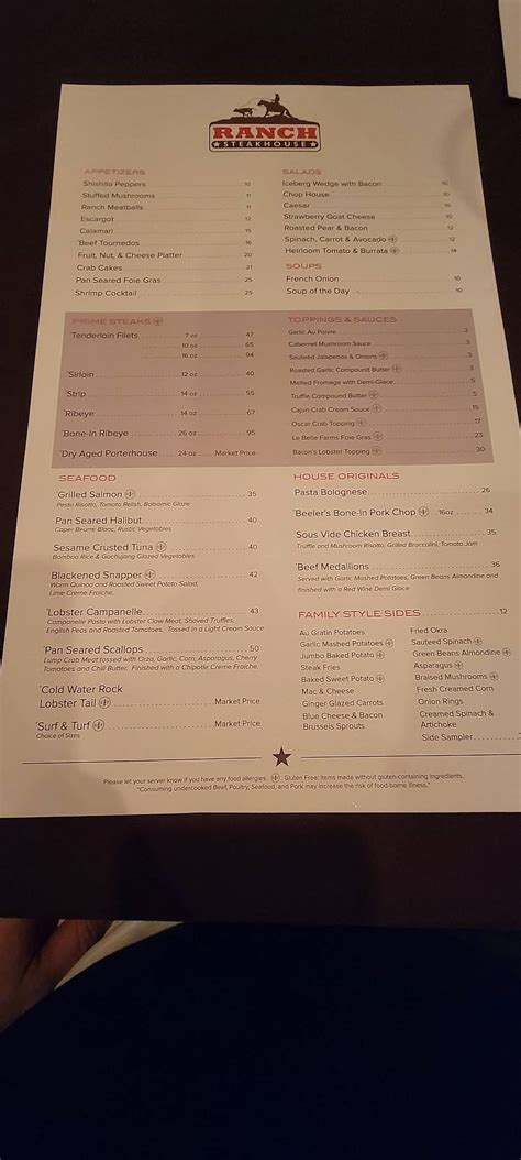 Menu at Ranch Steakhouse, Oklahoma City