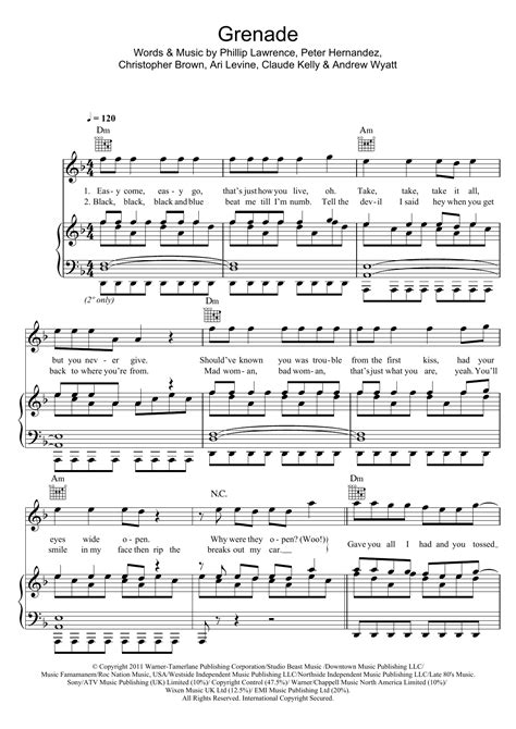 Grenade by Bruno Mars Sheet Music for Piano, Vocal & Guitar Chords ...