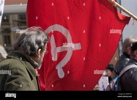 Red hammer and sickle flag, symbol for the communist movement Stock ...