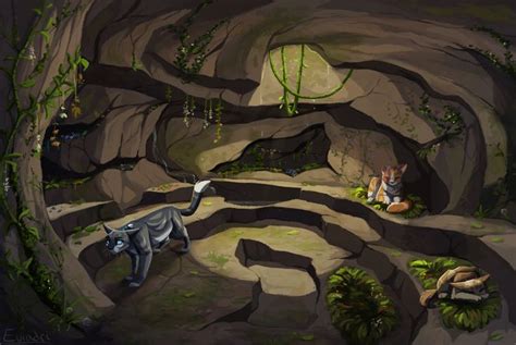 two animals in a cave with rocks and plants