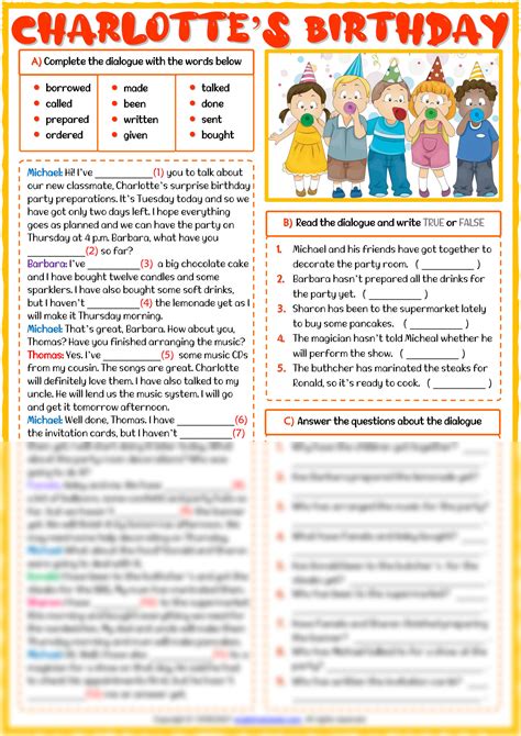 SOLUTION: Present perfect tense esl dialogue charlottes birthday exercises worksheet - Studypool