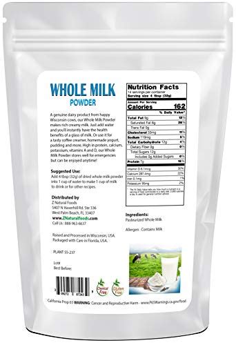 Powdered Whole Milk - Shelf Stable Dry Milk Powder - Dried For Emergency Long Term Food Storage ...