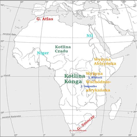 Zaznacz na mapie Afryki: Góry Atlas, Smocze, Przylądkowe, kotlinę Konga, Czadu, Wyżynę Abisyńską ...