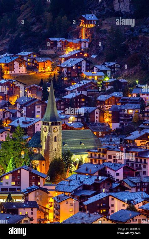 Zermatt, Switzerland aerial town view by night. Swiss Alps Stock Photo - Alamy