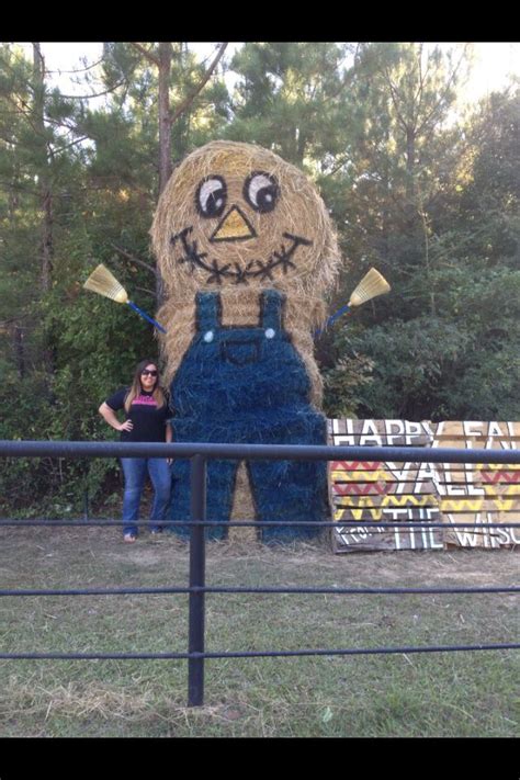 13ft scare crow from round hay bales #falldecor #fall #scarecrow #hay #haybales #haybale