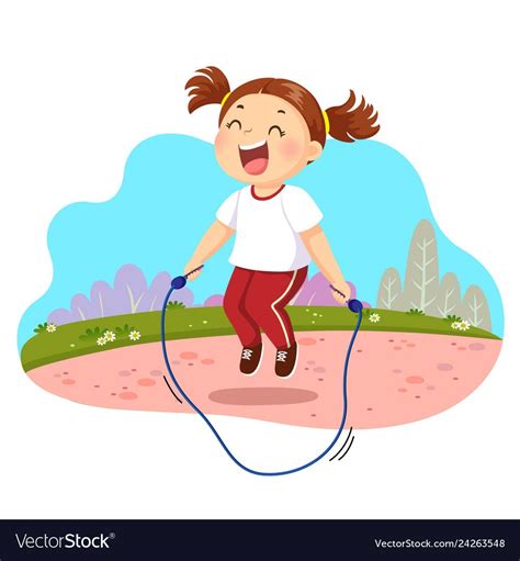 Vector illustration of happy little girl jumping rope in the park ...