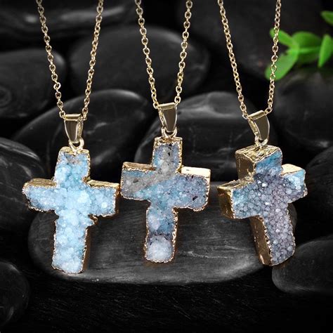 Light Blue Cross Natural Crystal Necklace - BelleChic