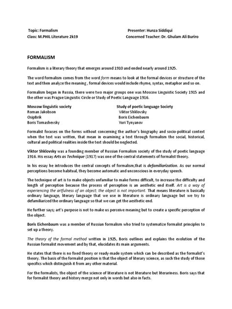 Formalism: An Analysis of a Document Outlining the History and Key ...