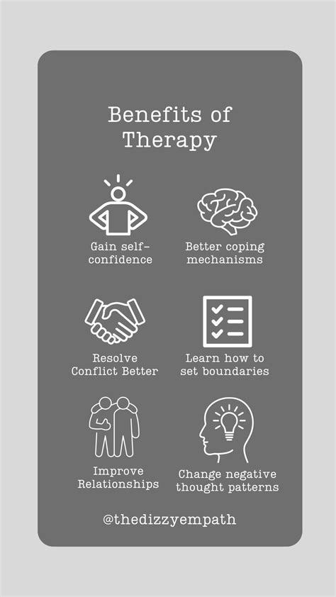 Benefits of Therapy. 1, Gain Self confidence. 2, Better coping mechanisms. 3, resolve conflict ...