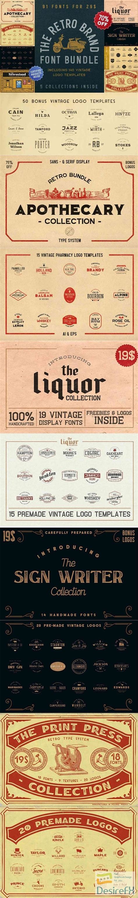 Download The Retro Brand Font Bundle 91 Fonts + 140 Vintage Logo Templates - DesireFX.COM