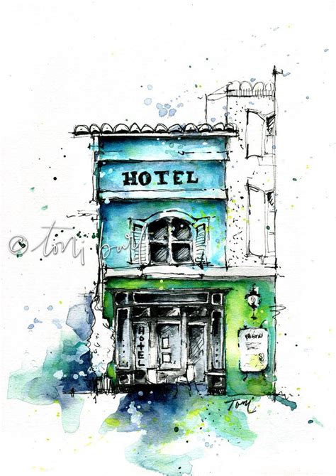 a watercolor painting of a building with the word hotel on it's front