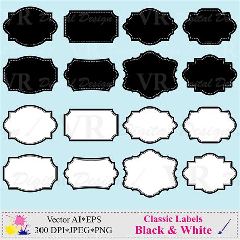 Labels Clip Art, Frames Clipart, Black and White Digital Labels Frames ...