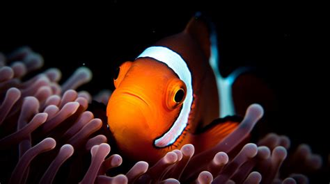 Clownfish In An Anemone And The Dark Of The Ocean Background, Clownfish ...