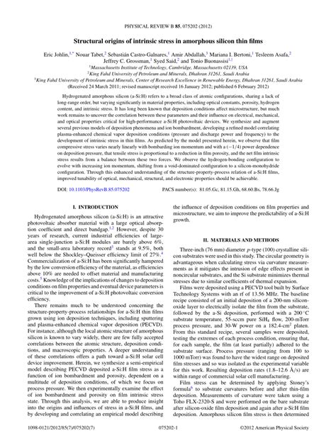 (PDF) Stress Engineering in Amorphous Silicon Thin Films