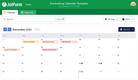 Fundraising Calendar Template | JotForm Tables