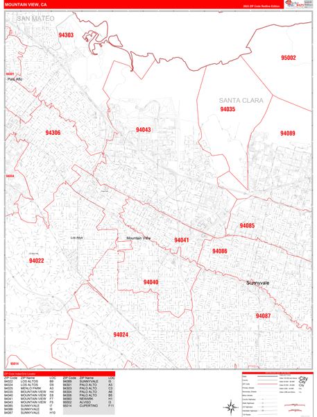 Mountain View California Zip Code Wall Map (Red Line Style) by ...