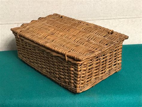 Vintage Wicker Rattan Basket with Hinged Lid, French Brocade Basket ...