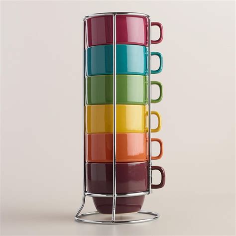 Fall Rainbow Stacking Ceramic Coffee Mugs Set & Chrome Rack - 6 Piece ...