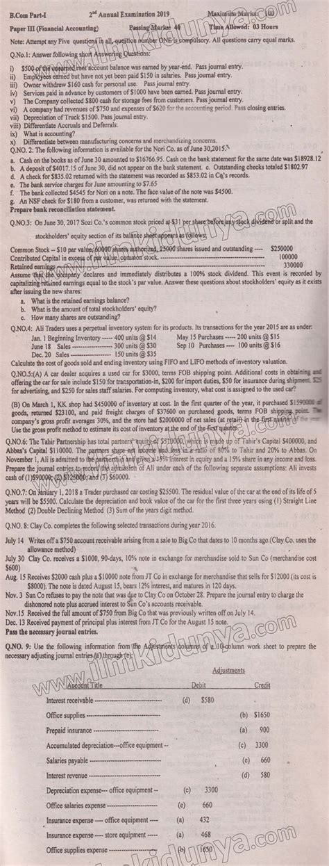 Past Paper B Com Part 1 BZU University Financial Accounting 2nd Annual 2019