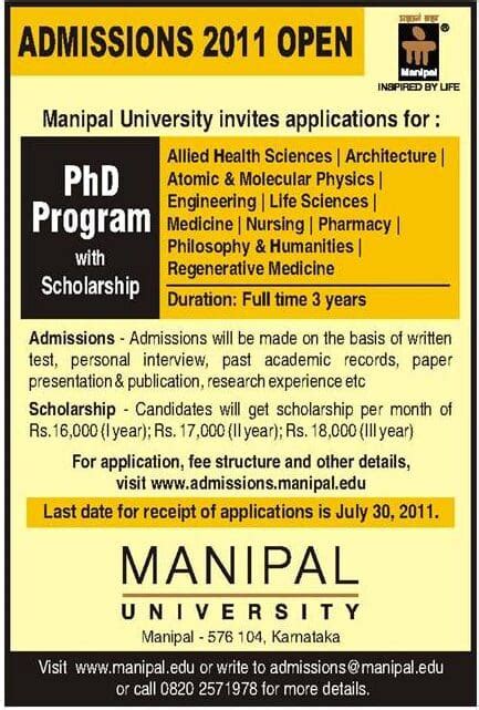 Manipal University: Admissions Open for PhD programs with scholarships ...