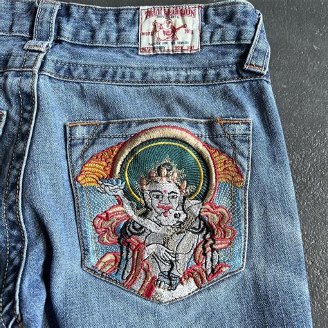 True Religion Embroidered Pocket Denim Jeans Great... - Depop