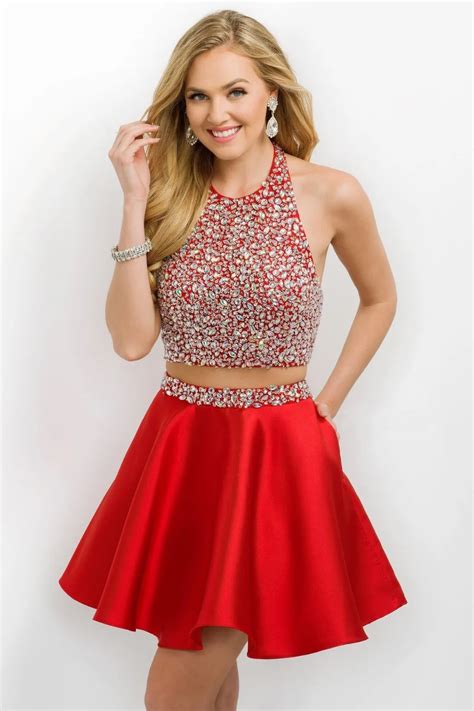 Sleeveless Beaded Crystals Red Short Elegant Prom Gowns Two Piece Prom ...