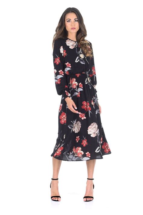 Black Floral Long Sleeve Elastic Waist Midi Dress – AX Paris