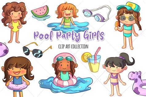 Cute Pool Party Girls Clip Art Collection, Pool Party Clipart, Kids ...