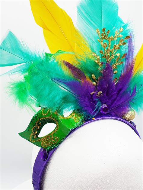 Mardi Gras Headpiece With Feathers and Masquerade Mask - Etsy