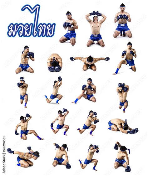 Set of thai boxer with thai boxing action, isolated on white bac Stock ...