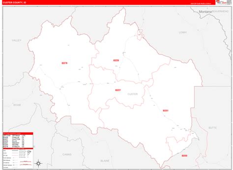 Custer County, ID Zip Code Wall Map Red Line Style by MarketMAPS - MapSales