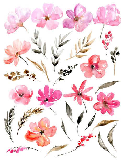 Pink watercolor garden flowers