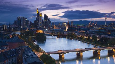 HD wallpaper: Frankfurt, Germany, evening, skyscrapers, river, bridges, streets, lights ...