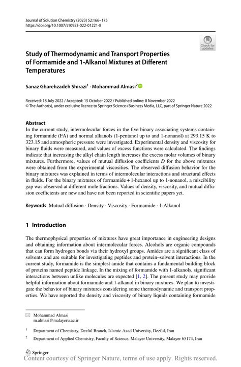 Study of Thermodynamic and Transport Properties of Formamide and 1-Alkanol Mixtures at Different ...