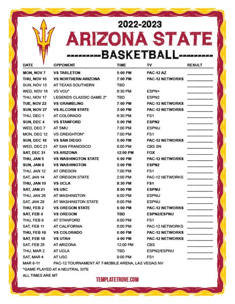 Printable 2022-2023 Arizona State Sun Devils Basketball Schedule