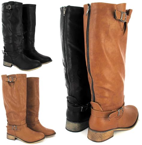 LADIES FLAT HARD SOLE WINTER BIKER STYLE WIDE CALF LEG BOOTS LARGE BIG ...