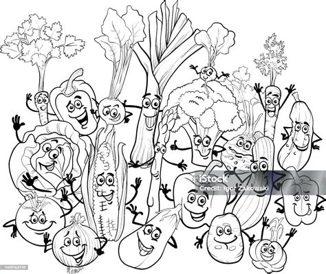 Halaman Mewarnai Grup Karakter Sayuran Kartun Ilustrasi Stok - Unduh Gambar Sekarang - Asparagus ...